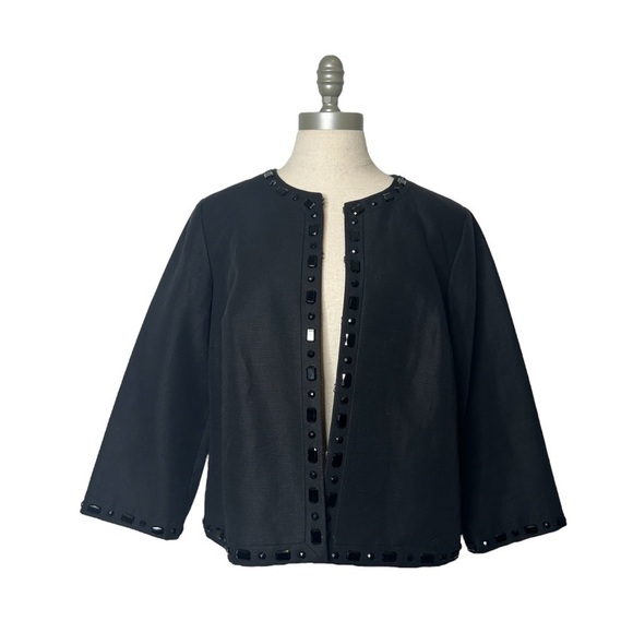 Sigrid Olsen Black Beaded Linen Cotton Blend Suit Separate Open Jacket Size 14 - Picture 2 of 14